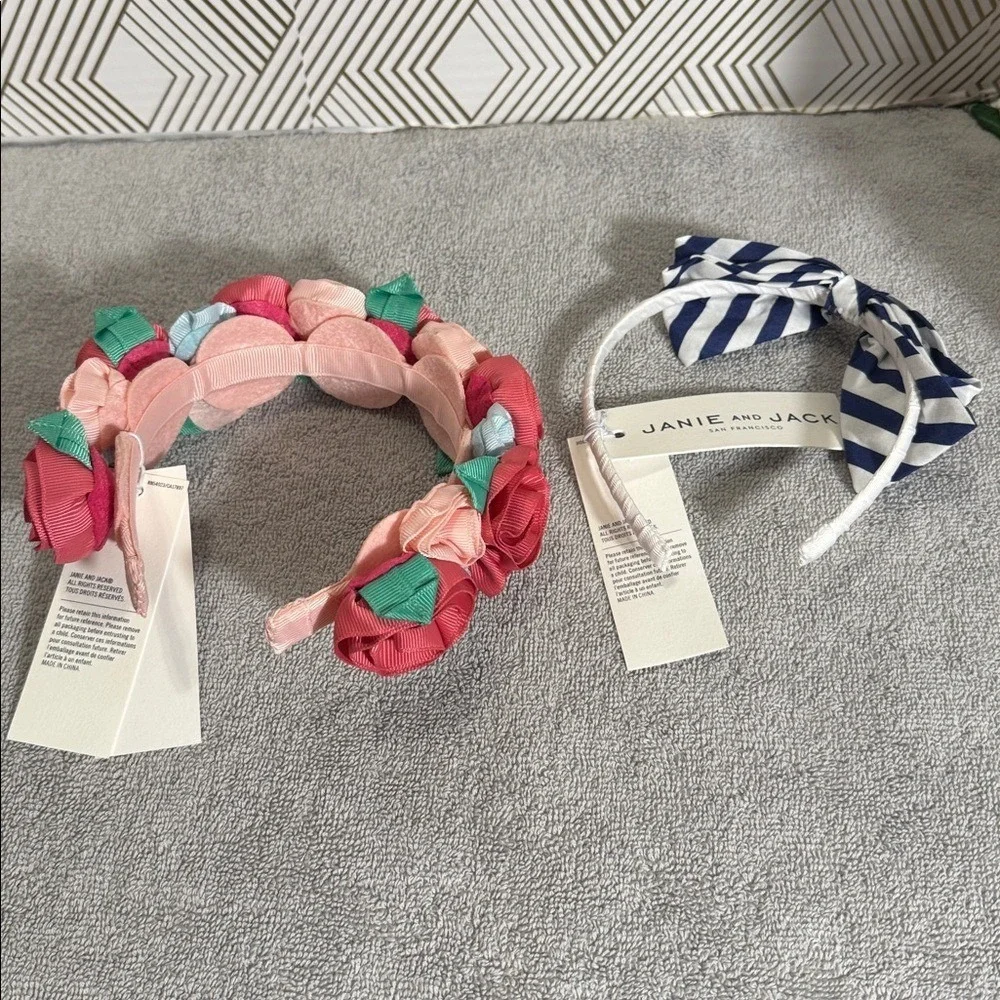 Janie and‎ Jack headbands NWT set of 2 one with pink flowers and one Blue Stripe